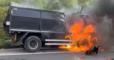 Footage captures shocking moment lorry bursts into flames on M60