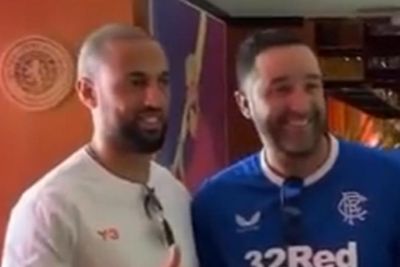 Kemar Roofe celebrates win over Celtic with Rangers supporters club in Qatar
