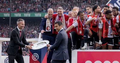Watch Gio van Bronckhorst lift first title after Rangers exit as he joins Robin van Persie in wild Feyenoord celebrations