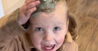 Mum in stitches as toddler smothers her head in hair gel