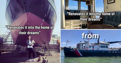Family ditch house and transform Army TUG BOAT saving $1,000 a month living on the water