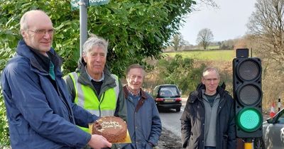 Fed-up residents buy a birthday cake for temporary traffic lights to mark a year on street