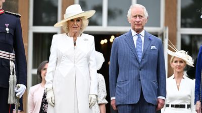 Queen Camilla teams diamond-detail coat dress with bespoke stacked heels and the result is polished perfection!