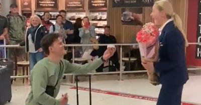 Video captures moment Ryanair cabin crew member is surprised by boyfriend's proposal at Dublin Airport
