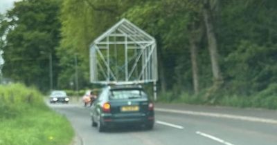 Hilarious moment huge greenhouse frame spotted on car roof along Scots road