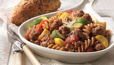 Ground beef and pasta skillet primavera provides a low-cost, high-flavor meal