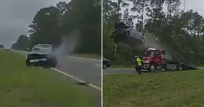 Moment woman, 21, flies 120ft through the air after accidentally hitting tow truck ramp