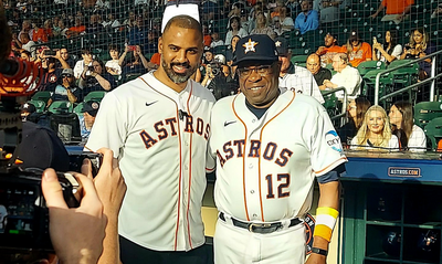 New Rockets coach Ime Udoka throws out first pitch for Astros
