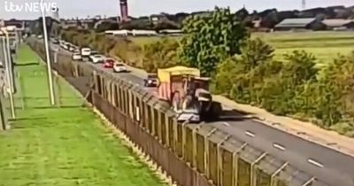 Moment drug-taking teen drives enormous tractor into wrong lane and crushes car