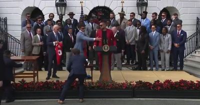 Travis Kelce attempts to speak at White House but is quickly blocked by Patrick Mahomes