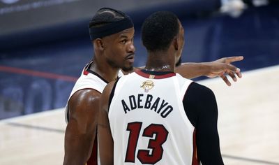 Jimmy Butler successfully distracted Bam Adebayo at the mic by pretending to pull his pants down