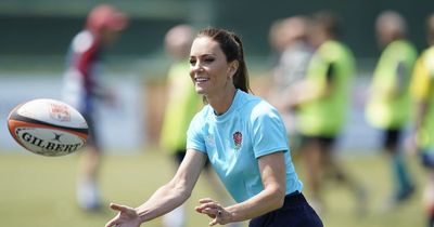 Kate Middleton is put through her paces in rugby drills with England stars for key cause