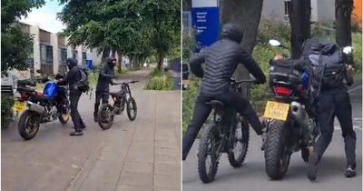 Footage shows thugs attempting to steal motorbike before crashing into bush