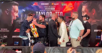 Josh Taylor held back by POLICE in Teo Lopez confrontation as rivals face off before super-lightweight title fight