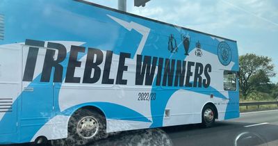 Motorists get sneak peak of open top bus to be used in Manchester City Treble parade