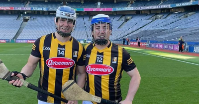 GAA fan on stag dressed as Kilkenny player celebrates with TJ Reid after sneaking on pitch after Leinster final