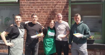 Gary Neville returns to family's 'favourite chippy' to cook fish and chips for Roy Keane and Jamie Carragher