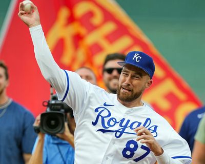 WATCH: Travis Kelce redeems himself by delivering the first pitch at Kansas City Royals game