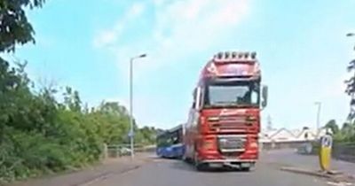 'Terrifying' video of lorry towing McGills bus in 'near miss on wrong side of roundabout'