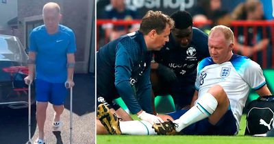 Paul Scholes on crutches after admitting his knee is 'f*****' following Soccer Aid injury