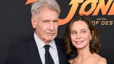 Calista Flockhart's off-the-shoulder top and yellow skirt stun as she supports husband Harrison Ford at premiere of last ever Indiana Jones film
