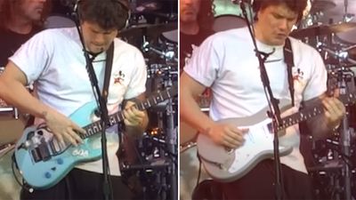 Watch John Mayer two-hand tap and divebomb on a Charvel before switching to a prototype PRS Silver Sky in the same solo