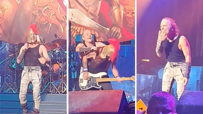 Watch Bruce Dickinson try to dress up an unimpressed Steve Harris while Iron Maiden play Alexander The Great live on stage