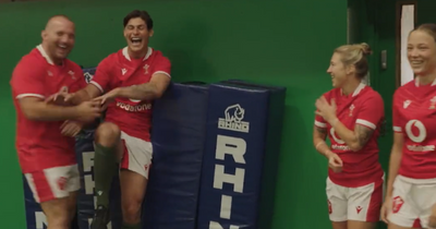 Louis Rees-Zammit winds up Dillon Lewis in kicking challenge as Wales stars in stitches