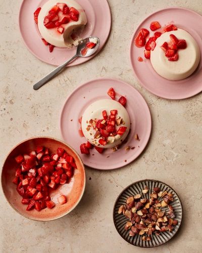 Ravneet Gill’s recipe for almond panna cotta with strawberries