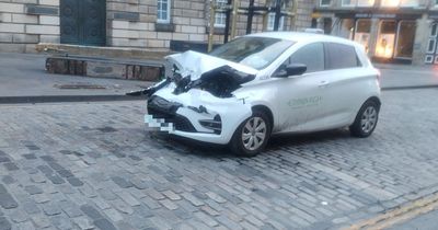 Edinburgh council car spotted with crumbled up bonnet next to anti-terror barriers