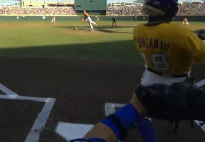 Ump cam from LSU’s College World Series win shows an amazing view of a falling-down strikeout