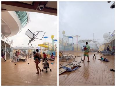 Royal Caribbean cruise ship passengers run for cover as storm sends deck furniture flying
