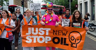 Rowdy stag party hijacks Just Stop Oil London protest before pinching group's banner