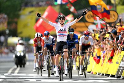 Tadej Pogacar celebrates UAE Team Emirates' successful Tour de France start