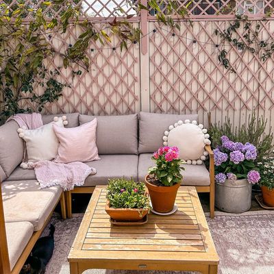 This tiny concrete yard was given a striking pink cottage garden makeover