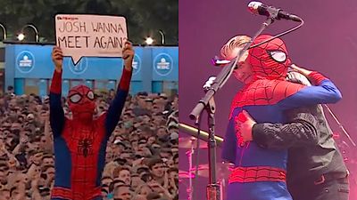 "It's Spiderman again!" Queens Of The Stone Age's Josh Homme reunites with masked superhero at European festival