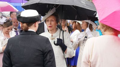 Princess Anne's pale gray coat matched the weather as she embellished the look with amazing knotted gold and pearl brooch