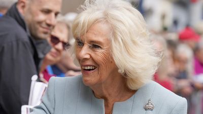 Queen Camilla's baby blue skirt suit cuts a chic silhouette as she greets swathes of fans including an adorable baby who wouldn't let her go