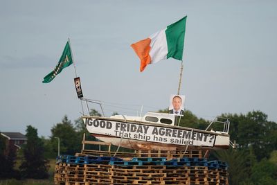 Irish flag and poster of Taoiseach Leo Varadkar placed on loyalist bonfire