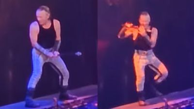 Watch Bruce Dickinson break gong mallet at Iron Maiden show, before pretending to play it like a flute and giving it a lick