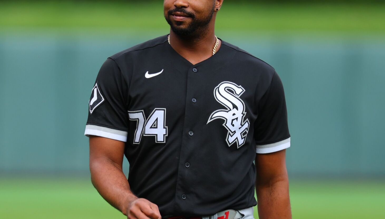 Eloy Jimenez of the Chicago White Sox runs to first after hitting a News  Photo - Getty Images