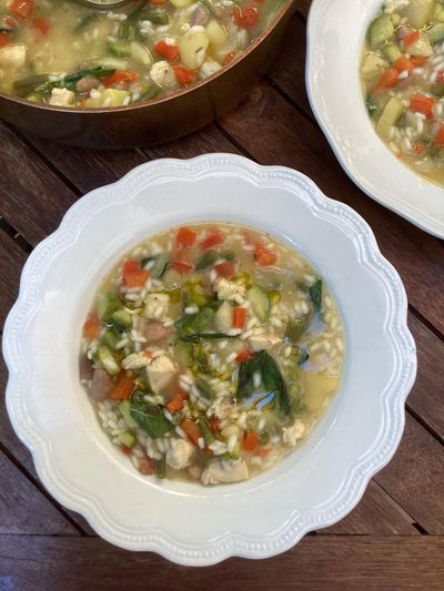 Rachel Roddy’s recipe for summer minestrone with chicken and rice