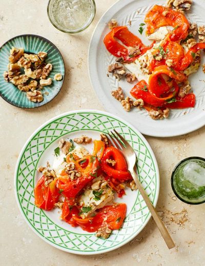 Rosie Birkett’s recipes for spinach and potato frittata and pepper and baked feta salad