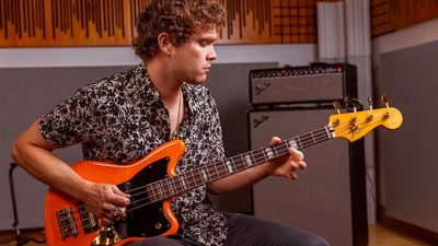Royal Blood’s Mike Kerr has a new signature Fender Jaguar – a built-to-rock short-scale bass, finished in Tiger’s Blood Orange