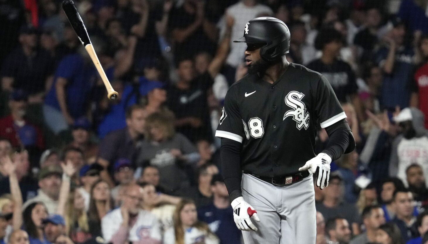 Chicago White Sox fans react to outfielder Eloy Jimenez preparing