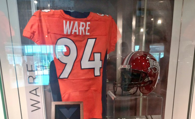 DeMarcus Ware’s Hall of Fame display does not feature a Cowboys jersey or helmet