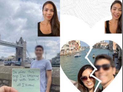 Girlfriend exposes cheating boyfriend with Post-it Note as he poses for photos on vacation