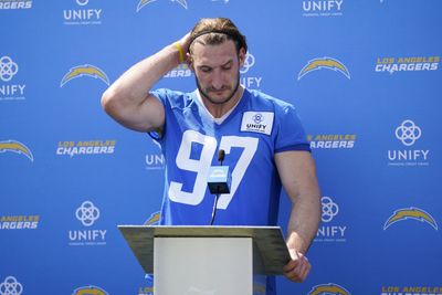 Joey Bosa reacts to rough rep vs. Alvin Kamara at Saints-Chargers practice