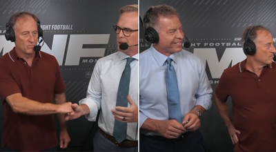 Troy Aikman could barely contain his laughter after Commanders owner Josh Harris awkwardly shook Joe Buck’s hand