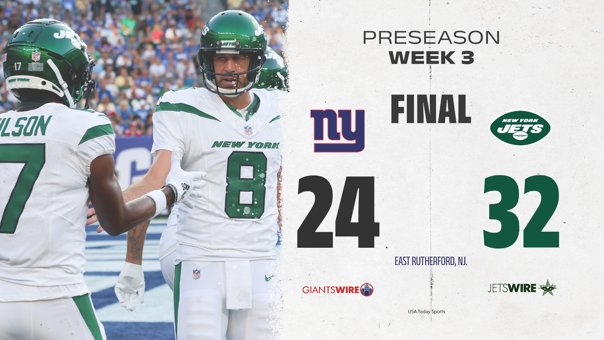 Jets Defeat Giants 32-24 in Aaron Rodgers' Preseason Debut